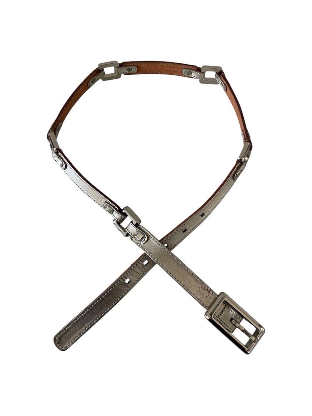 Vintage Fossil Made in Italy Metallic Champagne Leather Link Belt Quiet Luxury